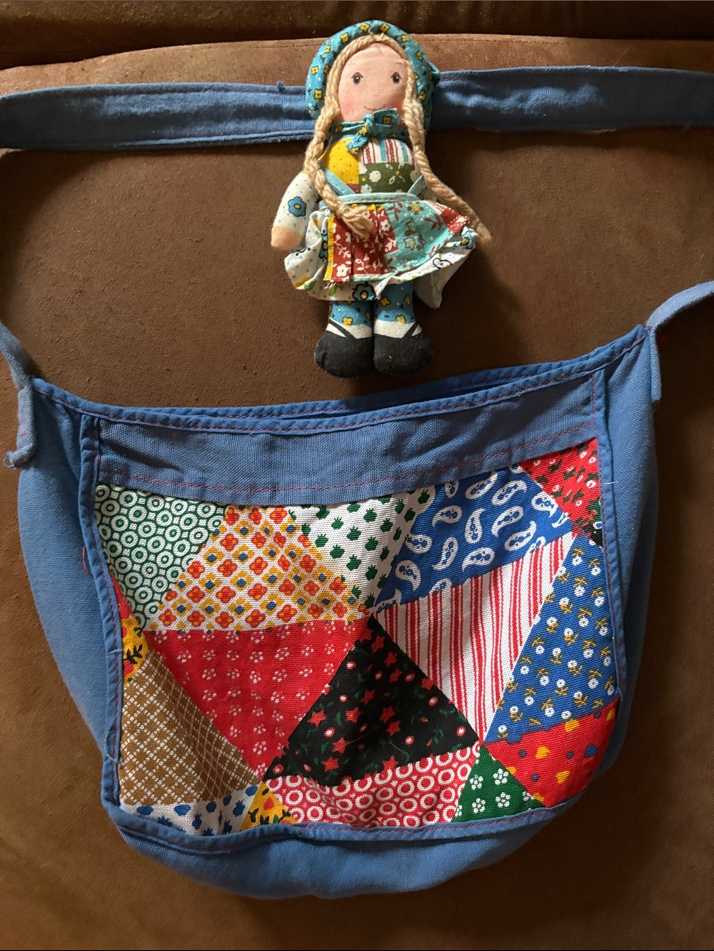 Blue Patchwork Doll Shoulder Bag with Front Pocket - Picture 2 of 6